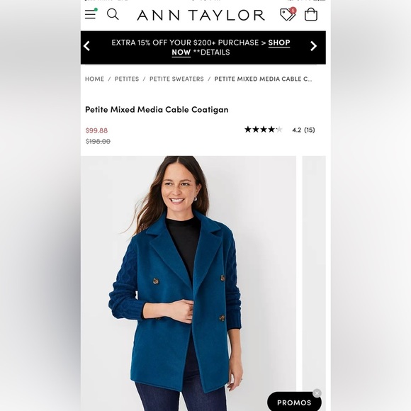 Ann Taylor Wool Blend Mixed Media Breasted Buttoned Blue Cable Cardigan LP - Picture 16 of 16